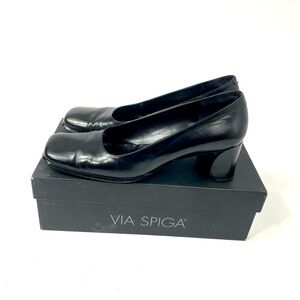 Via Spiga size 8.5 Mavis Black Leather Square Toe Pumps Block Heels